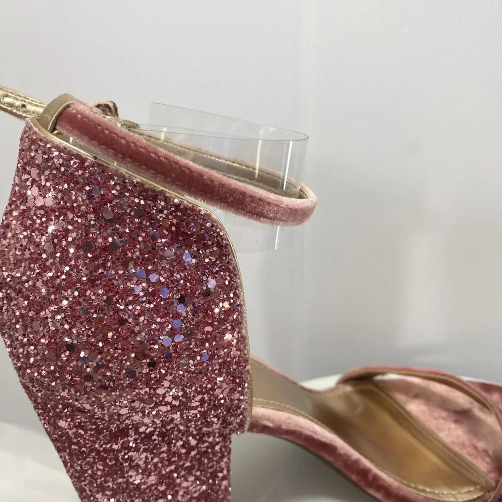 Guess Glitter Party Wrap BamBam Velvet Ankle Strap Block Heel Sandals 8.5 Pink‎